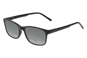 Profile View of Perry Ellis PEBX55 Designer Polarized Reading Sunglasses with Custom Cut Powered Smoke Grey Lenses in Gloss Black Marble Unisex Square Full Rim Acetate 52 mm