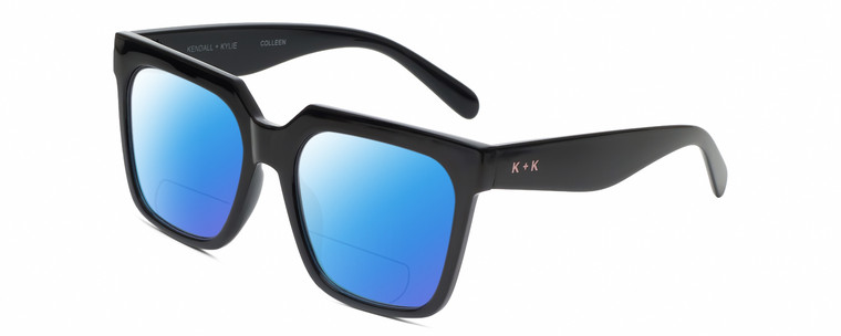 Profile View of Kendall+Kylie KK5160CE COLLEEN Designer Polarized Reading Sunglasses with Custom Cut Powered Blue Mirror Lenses in Gloss Black Ladies Square Full Rim Acetate 54 mm