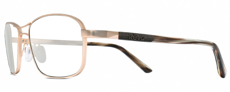 Profile View of REVO CLIVE Designer Single Vision Prescription Rx Eyeglasses in Satin Gold Brown Mens Oval Full Rim Metal 58 mm