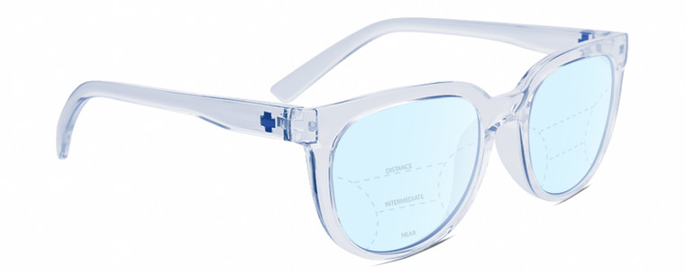 Profile View of SPY Optics Bewilder Designer Progressive Lens Blue Light Blocking Eyeglasses in Light Blue Clear Crystal Unisex Panthos Full Rim Acetate 54 mm