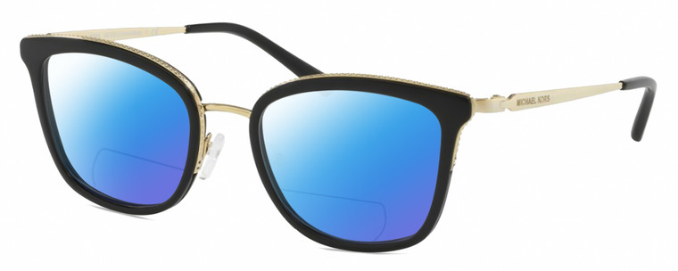 Profile View of Michael Kors MK3032 Designer Polarized Reading Sunglasses with Custom Cut Powered Blue Mirror Lenses in Gloss Black Gold Ladies Panthos Full Rim Metal 51 mm