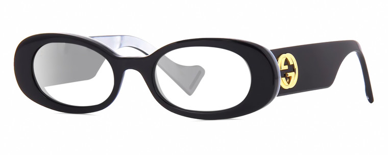 Profile View of Gucci GG0517S Designer Single Vision Prescription Rx Eyeglasses in Black Blue Opal Marble Gold Ladies Oval Full Rim Acetate 52 mm