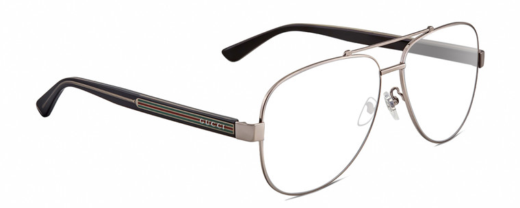 Profile View of Gucci GG0528S Designer Reading Eye Glasses with Custom Cut Powered Lenses in Ruthenium Silver Black Crystal Unisex Pilot Full Rim Metal 63 mm