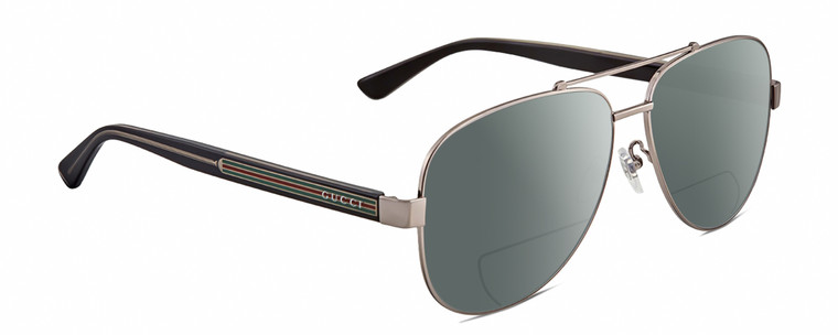 Profile View of Gucci GG0528S Designer Polarized Reading Sunglasses with Custom Cut Powered Smoke Grey Lenses in Ruthenium Silver Black Crystal Unisex Pilot Full Rim Metal 63 mm