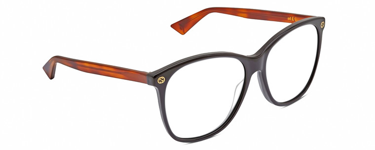 Profile View of Gucci GG0024S Designer Reading Eye Glasses with Custom Cut Powered Lenses in Gloss Black Brown Havana Unisex Square Full Rim Acetate 58 mm