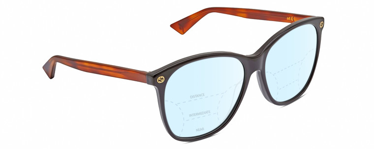 Profile View of Gucci GG0024S Designer Progressive Lens Blue Light Blocking Eyeglasses in Gloss Black Brown Havana Unisex Square Full Rim Acetate 58 mm