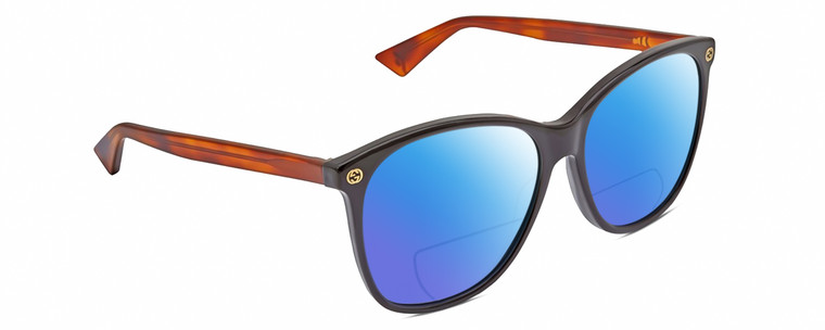 Profile View of Gucci GG0024S Designer Polarized Reading Sunglasses with Custom Cut Powered Blue Mirror Lenses in Gloss Black Brown Havana Unisex Square Full Rim Acetate 58 mm