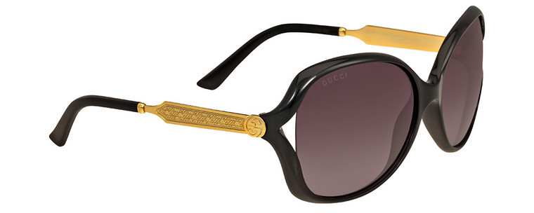 Profile View of Gucci GG0076S Women Oval Designer Sunglasses Gloss Black Gold/Grey Gradient 60mm