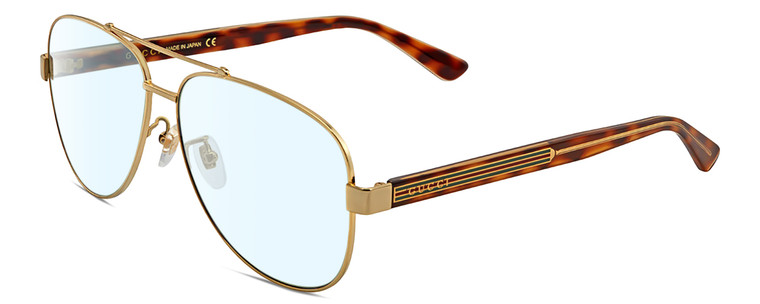 Profile View of Gucci GG0528S Designer Blue Light Blocking Eyeglasses in Gold Tortoise Havana Unisex Pilot Full Rim Metal 63 mm