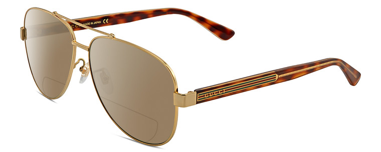 Profile View of Gucci GG0528S Designer Polarized Reading Sunglasses with Custom Cut Powered Amber Brown Lenses in Gold Tortoise Havana Unisex Pilot Full Rim Metal 63 mm
