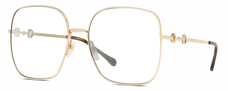 Profile View of Gucci GG0879S Designer Reading Eye Glasses with Custom Cut Powered Lenses in Gold Black Ladies Square Full Rim Metal 61 mm