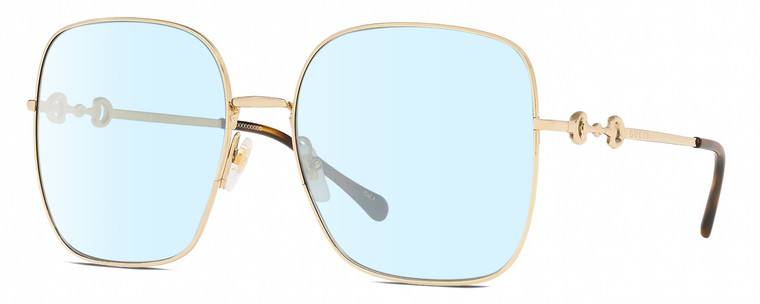 Profile View of Gucci GG0879S Designer Blue Light Blocking Eyeglasses in Gold Black Ladies Square Full Rim Metal 61 mm