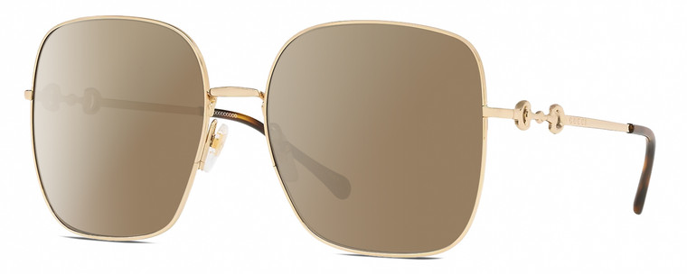 Profile View of Gucci GG0879S Designer Polarized Sunglasses with Custom Cut Amber Brown Lenses in Gold Black Ladies Square Full Rim Metal 61 mm