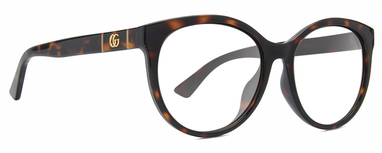 Profile View of Gucci GG0636SK Designer Reading Eye Glasses with Custom Cut Powered Lenses in Tortoise Havana Gold Ladies Round Full Rim Acetate 56 mm