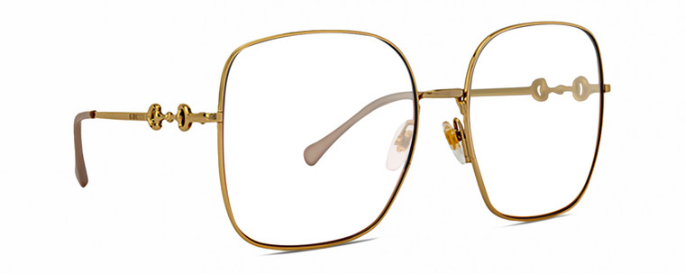 Profile View of Gucci GG0879S Designer Reading Eye Glasses with Custom Cut Powered Lenses in Gold Ladies Square Full Rim Metal 61 mm