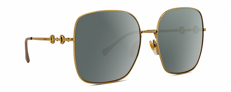 Profile View of Gucci GG0879S Designer Polarized Sunglasses with Custom Cut Smoke Grey Lenses in Gold Ladies Square Full Rim Metal 61 mm