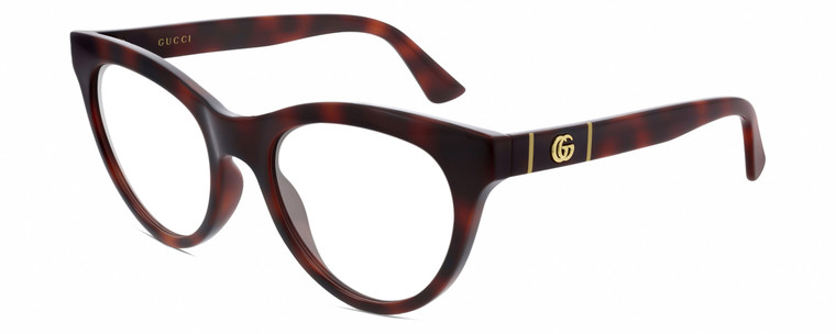 Profile View of Gucci GG0763S Designer Bi-Focal Prescription Rx Eyeglasses in Dark Tortoise Havana Gold Ladies Cat Eye Full Rim Acetate 53 mm