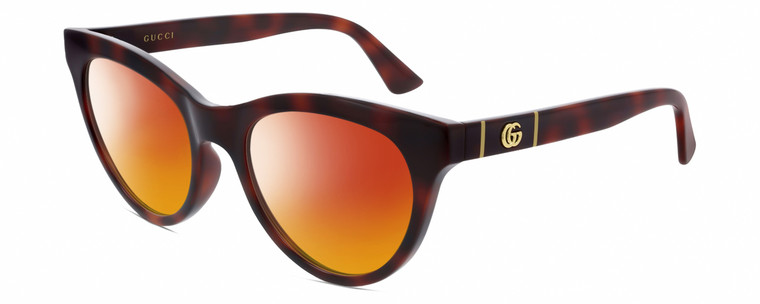 Profile View of Gucci GG0763S Designer Polarized Sunglasses with Custom Cut Red Mirror Lenses in Dark Tortoise Havana Gold Ladies Cat Eye Full Rim Acetate 53 mm