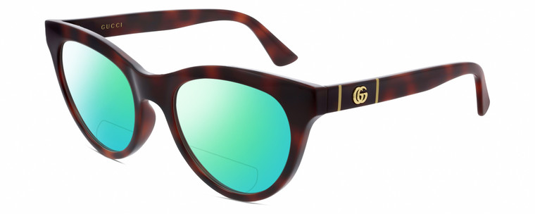 Profile View of Gucci GG0763S Designer Polarized Reading Sunglasses with Custom Cut Powered Green Mirror Lenses in Dark Tortoise Havana Gold Ladies Cat Eye Full Rim Acetate 53 mm