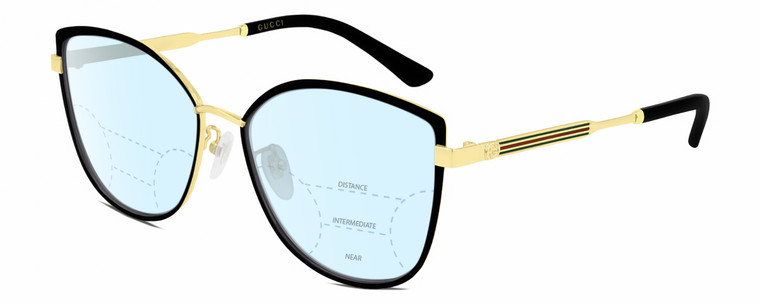 Profile View of Gucci GG0589SK Designer Progressive Lens Blue Light Blocking Eyeglasses in Black Gold Ladies Cat Eye Full Rim Metal 57 mm