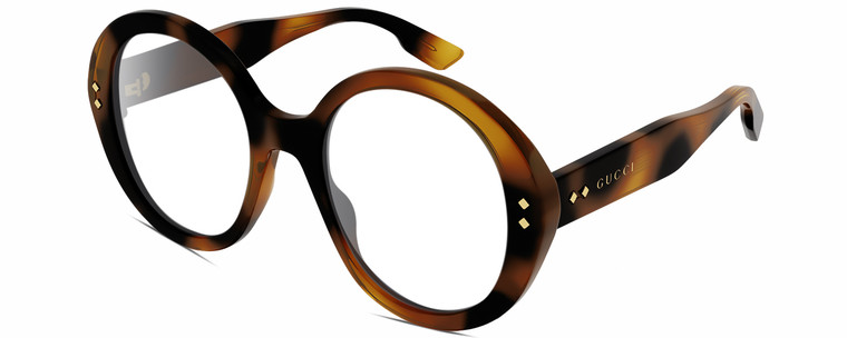 Profile View of Gucci GG1081S Designer Single Vision Prescription Rx Eyeglasses in Gloss Tortoise Havana Brown Gold Ladies Round Full Rim Acetate 54 mm