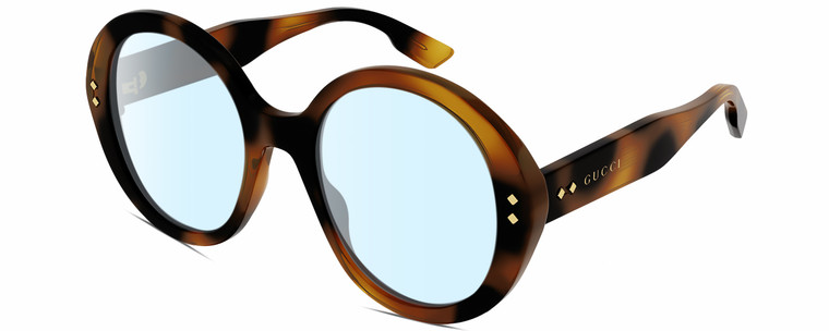 Profile View of Gucci GG1081S Designer Blue Light Blocking Eyeglasses in Gloss Tortoise Havana Brown Gold Ladies Round Full Rim Acetate 54 mm