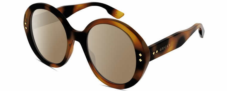 Profile View of Gucci GG1081S Designer Polarized Sunglasses with Custom Cut Amber Brown Lenses in Gloss Tortoise Havana Brown Gold Ladies Round Full Rim Acetate 54 mm