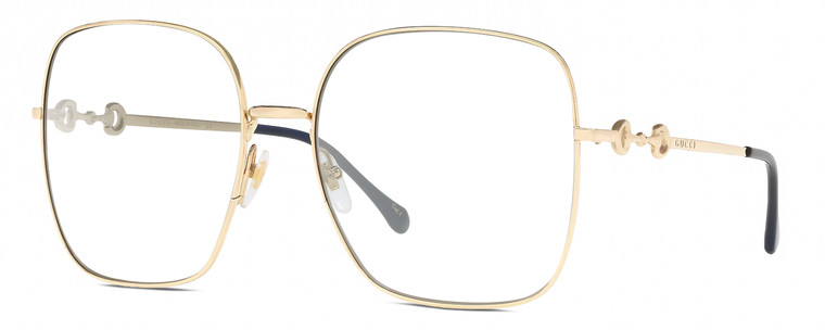Profile View of Gucci GG0879S Designer Reading Eye Glasses with Custom Cut Powered Lenses in Gold Black Ladies Square Full Rim Metal 61 mm