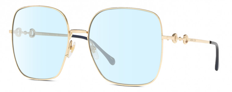 Profile View of Gucci GG0879S Designer Blue Light Blocking Eyeglasses in Gold Black Ladies Square Full Rim Metal 61 mm