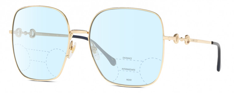 Profile View of Gucci GG0879S Designer Progressive Lens Blue Light Blocking Eyeglasses in Gold Black Ladies Square Full Rim Metal 61 mm