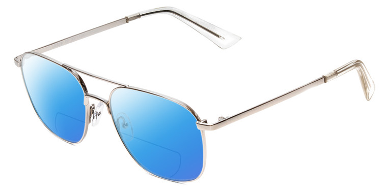 Profile View of Book Club Bored of Flings Designer Polarized Reading Sunglasses with Custom Cut Powered Blue Mirror Lenses in Gloss Silver Unisex Pilot Full Rim Metal 55 mm