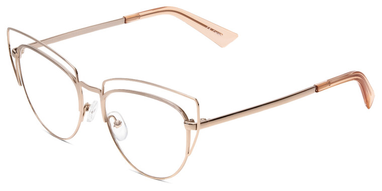 Profile View of Book Club One Hundred Beers Solitude Designer Progressive Lens Blue Light Blocking Eyeglasses in Rose Gold Ladies Cat Eye Full Rim Metal 55 mm