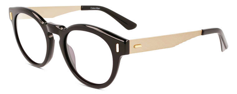 Profile View of Calvin Klein CK21527S Designer Reading Eye Glasses with Custom Cut Powered Lenses in Gloss Black Gold Unisex Round Full Rim Acetate 50 mm