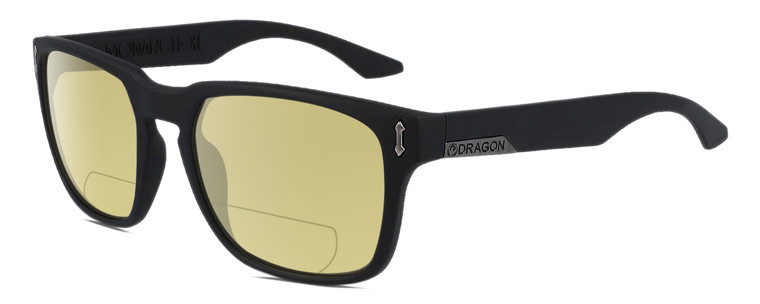 Profile View of Dragon Alliance DR MONARCH XL LL MI Designer Polarized Reading Sunglasses with Custom Cut Powered Sun Flower Yellow Lenses in Matte Black Unisex Square Full Rim Acetate 58 mm