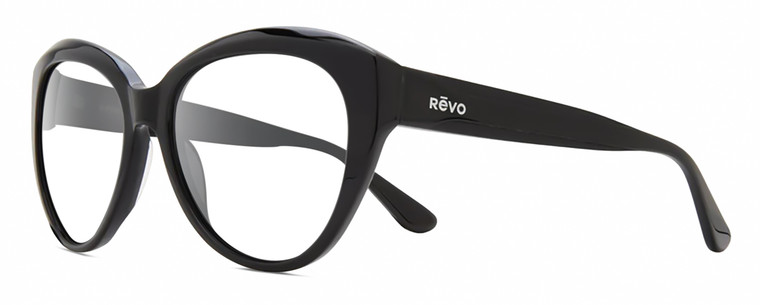 Profile View of REVO ROSE Designer Reading Eye Glasses with Custom Cut Powered Lenses in Gloss Black Ladies Cat Eye Full Rim Acetate 55 mm