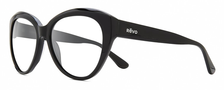 Profile View of REVO ROSE Designer Single Vision Prescription Rx Eyeglasses in Gloss Black Ladies Cat Eye Full Rim Acetate 55 mm
