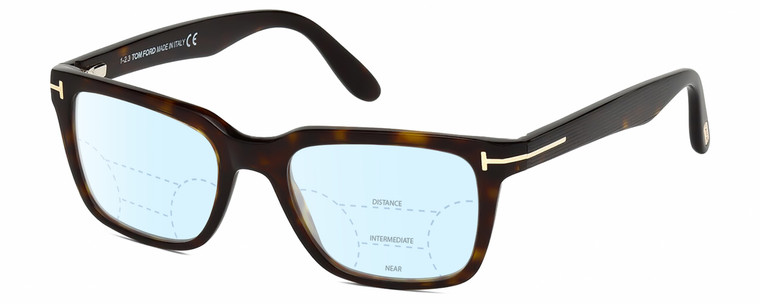 Profile View of Tom Ford CALIBER FT5304-052 Designer Progressive Lens Blue Light Blocking Eyeglasses in Brown Tortoise Havana Gold Unisex Square Full Rim Acetate 54 mm