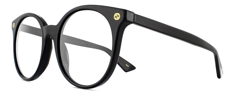 Profile View of Gucci GG0091S Designer Single Vision Prescription Rx Eyeglasses in Gloss Black Gold Ladies Round Full Rim Acetate 52 mm