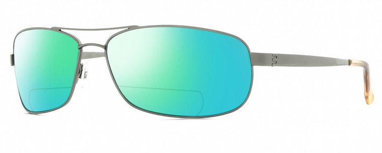 Profile View of Reptile Pecos Designer Polarized Reading Sunglasses with Custom Cut Powered Green Mirror Lenses in Dark Gun Metal Silver Mens Pilot Full Rim Metal 67 mm