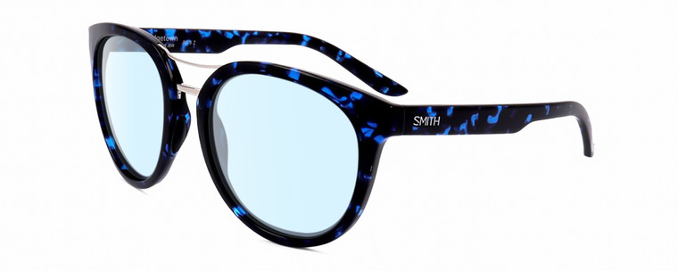 Profile View of Smith Optics Bridgetown-JBW Designer Blue Light Blocking Eyeglasses in Crystal Navy Blue Tortoise Havana Silver Ladies Round Full Rim Acetate 54 mm