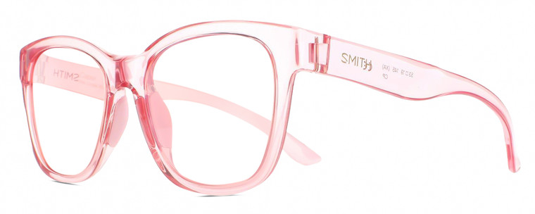 Profile View of Smith Optics Caper-35J Designer Reading Eye Glasses in Crystal Blush Pink Ladies Panthos Full Rim Acetate 53 mm