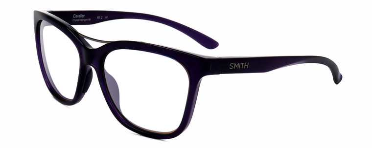 Profile View of Smith Optics Cavalier-141 Designer Bi-Focal Prescription Rx Eyeglasses in Indigo Purple Crystal Silver Ladies Cat Eye Full Rim Acetate 55 mm