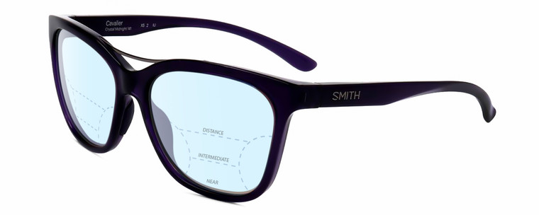 Profile View of Smith Optics Cavalier-141 Designer Progressive Lens Blue Light Blocking Eyeglasses in Indigo Purple Crystal Silver Ladies Cat Eye Full Rim Acetate 55 mm
