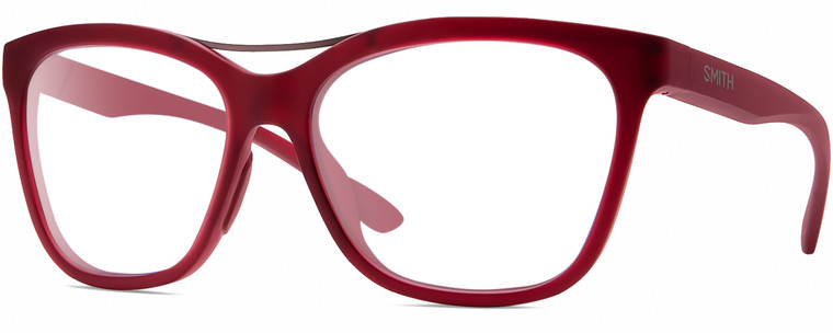 Profile View of Smith Optics Cavalier-LPA Designer Reading Eye Glasses in Matte Maroon Red Gunmetal Ladies Cat Eye Full Rim Acetate 55 mm