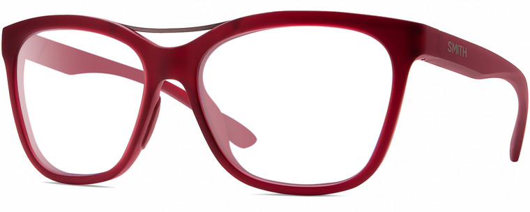 Profile View of Smith Optics Cavalier-LPA Designer Progressive Lens Prescription Rx Eyeglasses in Matte Maroon Red Gunmetal Ladies Cat Eye Full Rim Acetate 55 mm
