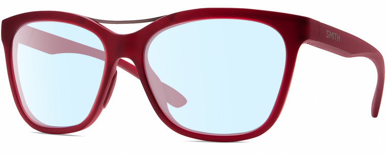 Profile View of Smith Optics Cavalier-LPA Designer Blue Light Blocking Eyeglasses in Matte Maroon Red Gunmetal Ladies Cat Eye Full Rim Acetate 55 mm