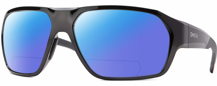 Profile View of Smith Optics Deckboss-807 Designer Polarized Reading Sunglasses with Custom Cut Powered Blue Mirror Lenses in Gloss Black Grey Unisex Rectangular Full Rim Acetate 63 mm