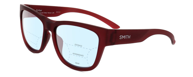Profile View of Smith Optics Ember-LPA Designer Progressive Lens Blue Light Blocking Eyeglasses in Matte Crystal Maroon Red Unisex Cat Eye Full Rim Acetate 56 mm