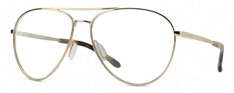 Profile View of Smith Optics Layback-J5G Designer Single Vision Prescription Rx Eyeglasses in Shiny Gold Brown Tortoise Havana Unisex Pilot Full Rim Metal 60 mm