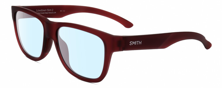 Profile View of Smith Optics Lowdown Slim 2-LPA Designer Blue Light Blocking Eyeglasses in Matte Crystal Maroon Red Unisex Panthos Full Rim Acetate 51 mm